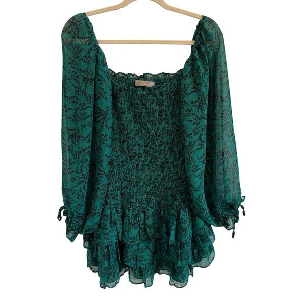 Olivaceous South Sz L Green Floral Smocked Body Sheer Sleeve Short Boho Dress - Picture 3 of 7